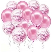 Bal10 Dünyası Pembe Konfetili Şeffaf Balon Seti 20 Adet Metalik Pembe Renkli Eşsiz Parti Malzemesi