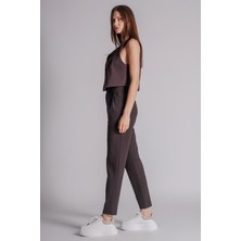 Kadın Yandan Cepli Arka Cep Fleto Beli Lastikli ve Pilili Slim Fit Pantolon Kahverengi