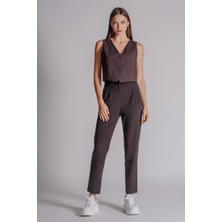 Kadın Yandan Cepli Arka Cep Fleto Beli Lastikli ve Pilili Slim Fit Pantolon Kahverengi