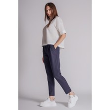 Kadın Yandan Cepli Arka Cep Fleto Beli Lastikli ve Pilili Slim Fit Pantolon Lacivert