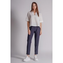 Kadın Yandan Cepli Arka Cep Fleto Beli Lastikli ve Pilili Slim Fit Pantolon Lacivert