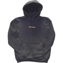 Erkek Kapüşonlu Bağcıklı Kanguru Cepli Fosforlu Yazı Baskılı Siyah Sweatshirt Esk-Plz