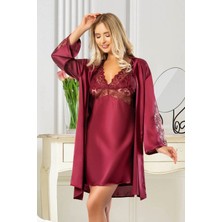 Faal Saten Dantel Detaylı Gecelik Sabahlık Ikili Takım 2039 Bordo
