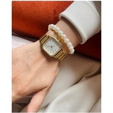 İstliv Minimal Kare Gold Renk Kadın Kol Saati 3 ATM Suya Dayanıklı Ahşap Kasa ve Kordon