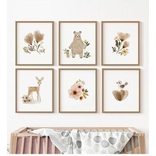 Farklı Hediyelik Bohem Tarz Bebek Hayvanlar Temalı 6'lı Tablo Set 20 x 30 cm Pudra Rengi Lazer Kesim MDF