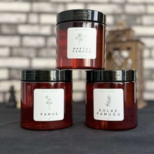 3\\\'lü Kulak Pamuğu Pamuk ve Makyaj Pamuğu Etiketli Amber Plastik Kavanoz Siyah Kapaklı