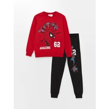 Lcw Kids Canlı Kırmızı Bisiklet Yaka Spiderman Baskılı Uzun Kollu Erkek Çocuk Sweatshirt ve Eşofman Altı