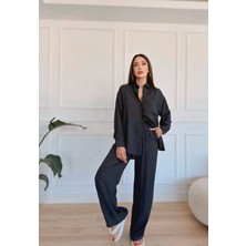 Unique Style Yeni Sezon Koyu Antrasit Keten Kadın Gömlek-Pantolon Ikili Takım