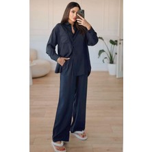 Unique Style Yeni Sezon Koyu Antrasit Keten Kadın Gömlek-Pantolon Ikili Takım