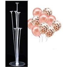 7'li Balon Standı ve 10 Adet Rose Gold Şeffaf Konfetili Balon Set