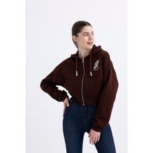 Feville Kadın Baskılı Fermuarlı Crop Hırka-Sweatshirt