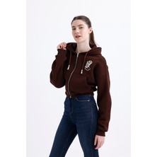 Feville Kadın Baskılı Fermuarlı Crop Hırka-Sweatshirt