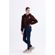 Feville Kadın Baskılı Fermuarlı Crop Hırka-Sweatshirt