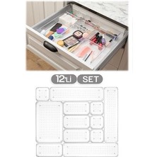 Meleni Home 12 Parça Şeffaf Tasarım Modüler Saklama Kabı - Çekmece Içi Düzenleyici, Banyo Makyaj Takı Organizeri