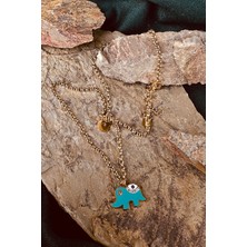 Mooni Accessories Turkuaz Fil Model Yoncalı Zirkon Taşlı Altın Gold Renk Kadın Paslanmaz Çelik Zincir Kolye