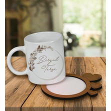 Ejoya Kişiye Özel Tasarım Kupa Bardak ve Kalp Desenli Ahşap Bardak Altlığı 99796