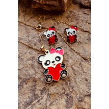 Mooni Accessories Kalpli Panda Model Mineli Gold Altın Renk Paslanmaz Çelik Kolye Küpe Set