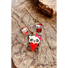 Mooni Accessories Kalpli Panda Model Mineli Gold Altın Renk Paslanmaz Çelik Kolye Küpe Set