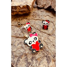 Mooni Accessories Kalpli Panda Model Mineli Gold Altın Renk Paslanmaz Çelik Kolye Küpe Set