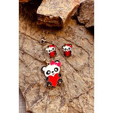 Mooni Accessories Kalpli Panda Model Mineli Gold Altın Renk Paslanmaz Çelik Kolye Küpe Set