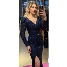 ABİYENİAL V Yaka Pulpayet Yırtmaçlı Abiye Elbise 7321