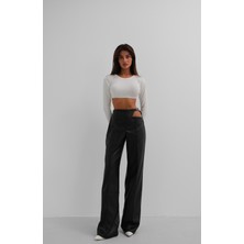 Black Fashion Pencere Detay Kemerli Siyah Deri Pantolon