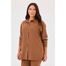 Galaxi Kadın Büyük Beden Çıtçıt Düğmeli Cepli Gömlek 4029 Camel