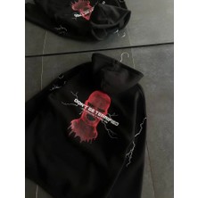 Üç Iplik Kapşonlu Baskılı Oversize Sweatshirt- Siyah