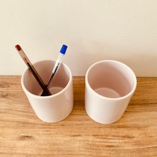 Nokta Porselen ve Seramik Nokta 2'li Kalemlik Masa Üstü Silindir Toz Pembe (Seramik)