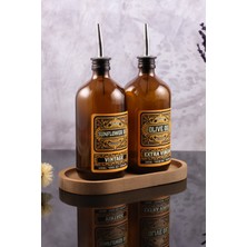 TheBRo 500ML Amber Renkli  Ahşap Stantlı Vintage Desenli Cam Yağdanlık 2'li Set Zeytinyağı Sıvıyağ Şişesi