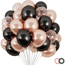 Balon Diyarı Siyah Şeffaf Konfetili Krom Rose Gold Balon Seti 10 Adet Doğum Günü Kutlaması İçin
