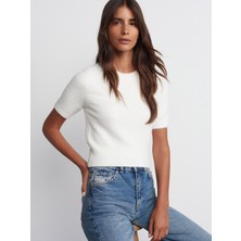 Dilvin 10651 Bisiklet Yaka Yumuşak Dokulu Kısa Kol Triko Kazak-Ekru