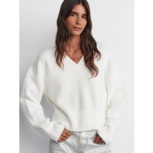 Dilvin 10645 V Yaka Yumuşak Dokulu Triko Kazak-Ekru