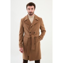 MCR Düz Bej Slim Fit Geniş Yaka Kuşaklı Kruvaze Kaşe Uzun Erkek Kaban