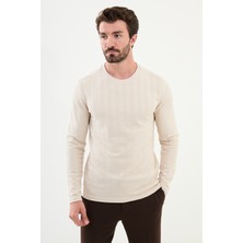 MCR Desenli Bej Slim Fit Bisiklet Yaka Uzun Kollu Erkek T-Shirt