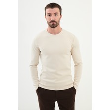 MCR Düz Bej Slim Fit Bisiklet Yaka Uzun Kollu Erkek T-Shirt