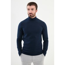 MCR Düz Lacivert Slim Fit Yarım Balıkçı Yaka Uzun Kollu Erkek T-Shirt