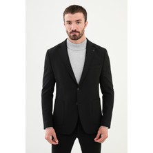 MCR Düz Siyah Slim Fit Mono Yaka Punto Dikiş Yün Erkek Ceket