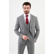 MCR Desenli Gri Slim Fit Mono Yaka Klasik Yün Erkek Takım Elbise
