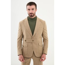 MCR Kırçıllı Bej Slim Fit Kemer Detaylı Geniş Yaka Yün Erkek Takım Elbise