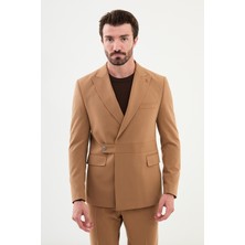 MCR Düz Bej Slim Fit Kemer Detaylı Geniş Yaka Kruvaze Erkek Takım Elbise