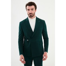 MCR Düz Zümrüt Rengi Slim Fit Kemer Detaylı Geniş Yaka Kruvaze Erkek Takım Elbise