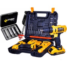 Sturdy 128VF 12mAH Lion Çift Akülü Darbeli Turbo Şarjlı vidalama  Matkap 27 Parca Setli + Bozulmuş Vida Sökme Setli