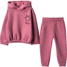 Lusana 9912 2-5 Yaş Love Flower Baskılı  Kapüşonlu 3 Iplik  Takım