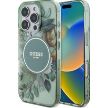 Guess Apple iPhone 16 Pro Max Kılıf Guess Orjinal Lisans Magsafe Özellik Iml Baskılı Çiçek Inci Bileklikli Yeşil