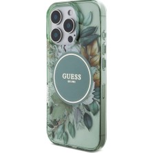 Guess Apple iPhone 16 Pro Max Kılıf Guess Orjinal Lisans Magsafe Özellik Iml Baskılı Çiçek Inci Bileklikli Yeşil