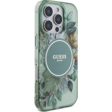 Guess Apple iPhone 16 Pro Max Kılıf Guess Orjinal Lisans Magsafe Özellik Iml Baskılı Çiçek Inci Bileklikli Yeşil