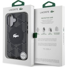 Lacoste Apple iPhone 16 Kılıf Lacoste Lisanslı Magsafe Özellikli Iml Baskılı Gümüş Timsah Logolu Monogram Siyah