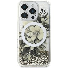 Guess Apple iPhone 16 Pro Uyumlu Kılıf Guess Orjinal Lisanslı Magsafe Özellikli Sıvılı Simli Çiçek Desenli Bej