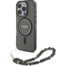 Guess Apple iPhone 16 Pro Max Kılıf Guess Orjinal Lisanslı Magsafe Özellikli Simli Silikon Inci Bileklikli Siyah